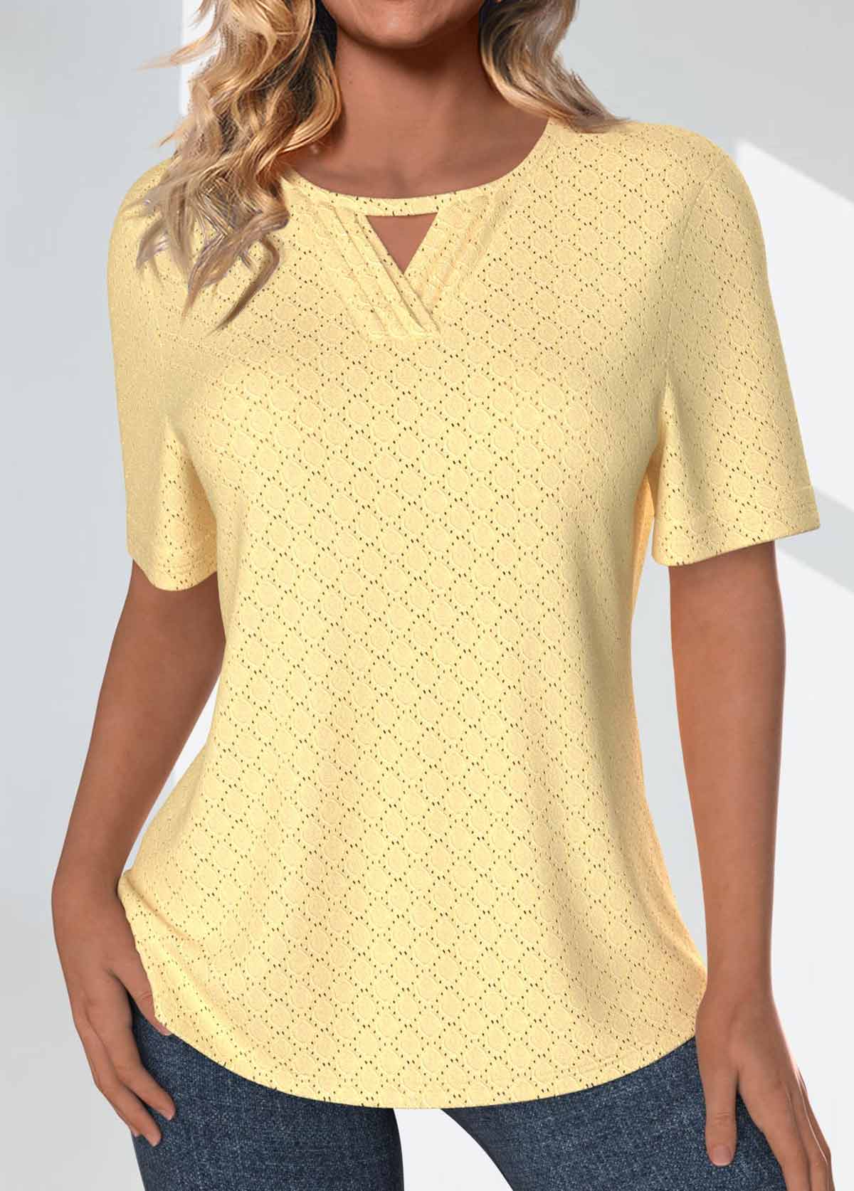 Modlily Light Yellow Jacquard Short Sleeve Round Neck T Shirt - XL