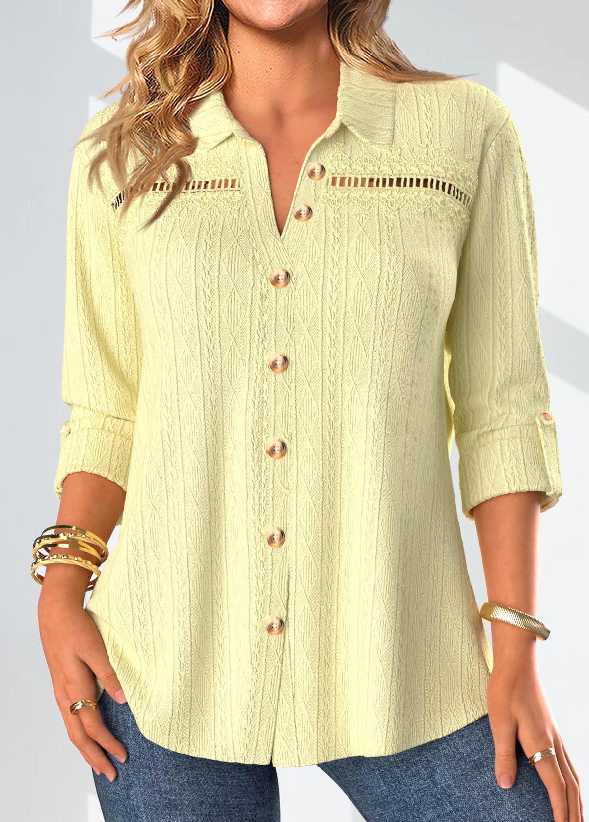 Modlily Light Yellow Lace Long Sleeve Shirt Collar Blouse - M
