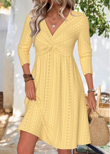 Modlily Light Yellow Long Sleeve V Neck Dress - L