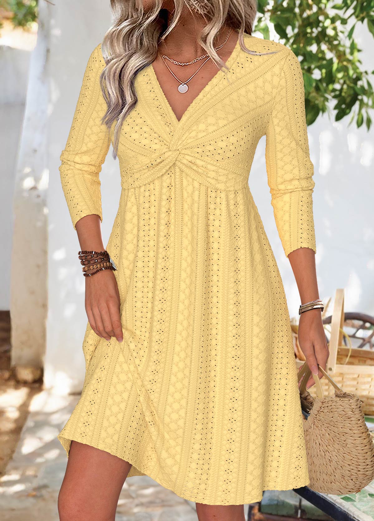 Modlily Light Yellow Long Sleeve V Neck Dress - XXL