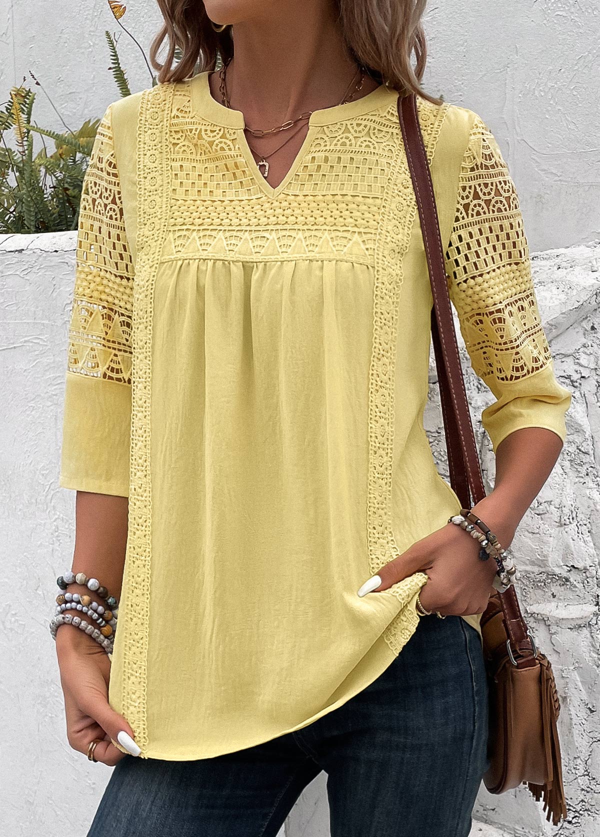 Modlily Light Yellow Patchwork 3/4 Sleeve Split Neck Blouse - L
