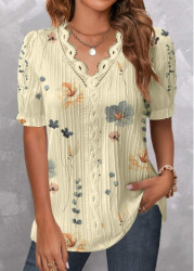 Modlily Light Yellow Patchwork Floral Print Short Sleeve Blouse - S