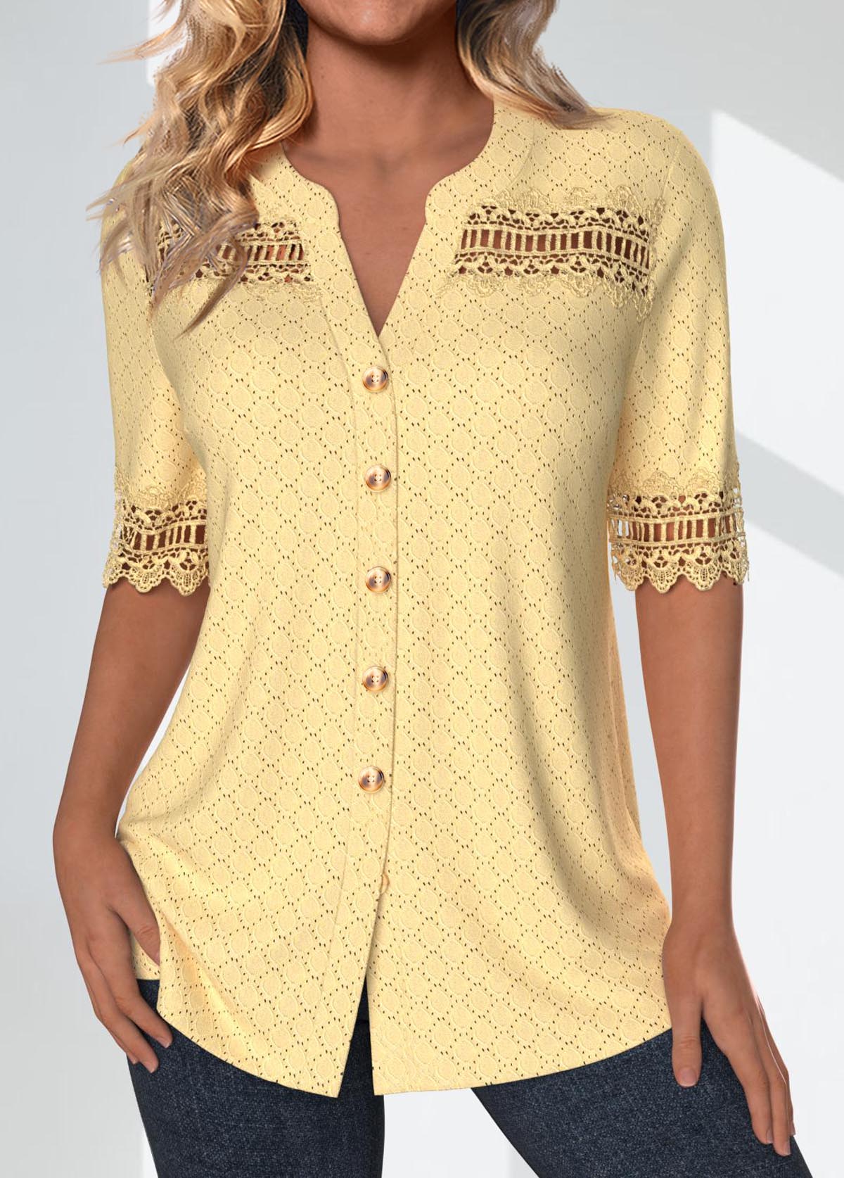 Modlily Light Yellow Patchwork Short Sleeve Split Neck Blouse - M