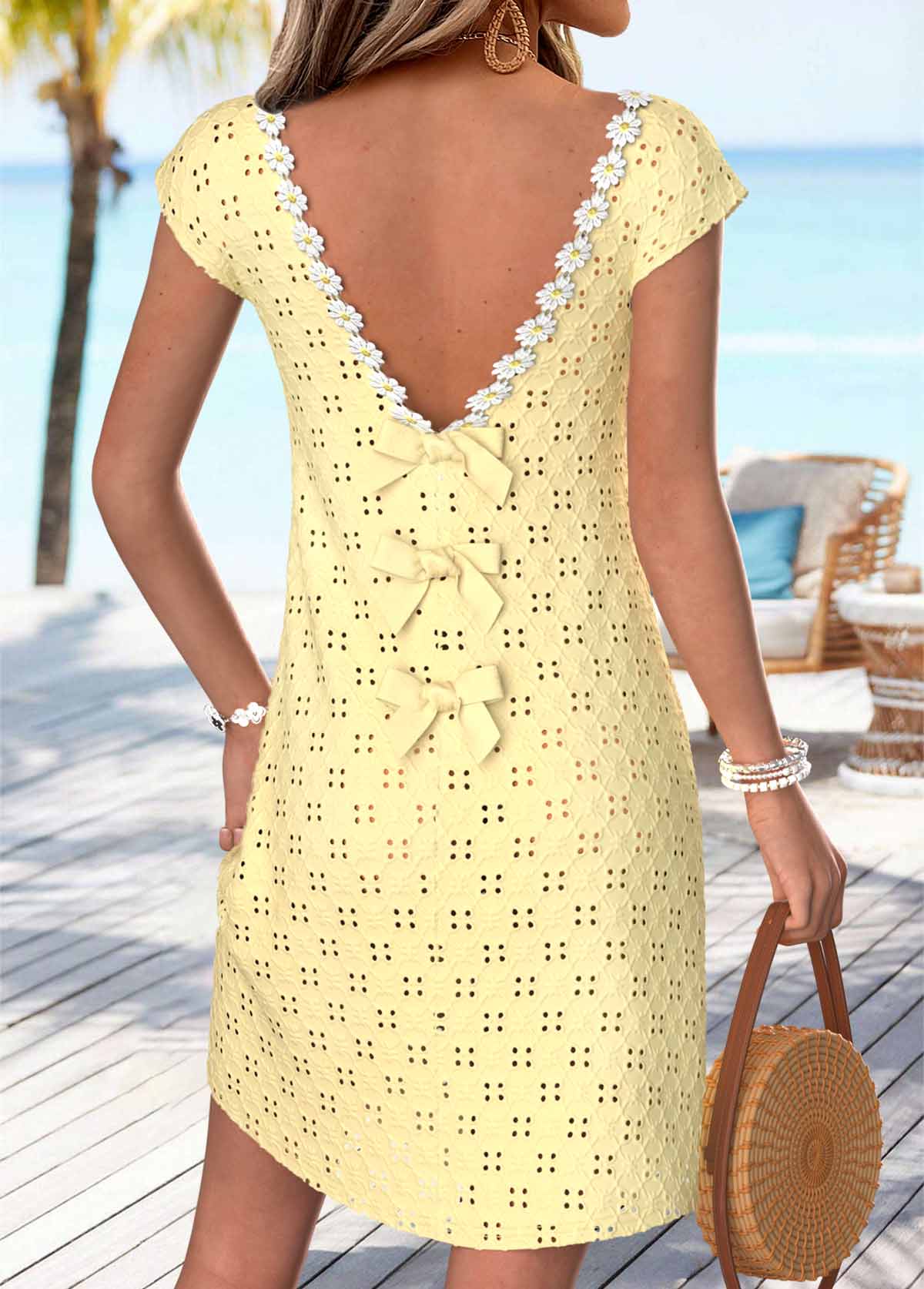 Modlily Light Yellow Short Bowknot V Neck Dress - L