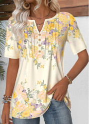 Modlily Light Yellow Short Sleeve Split Neck T Shirt - S