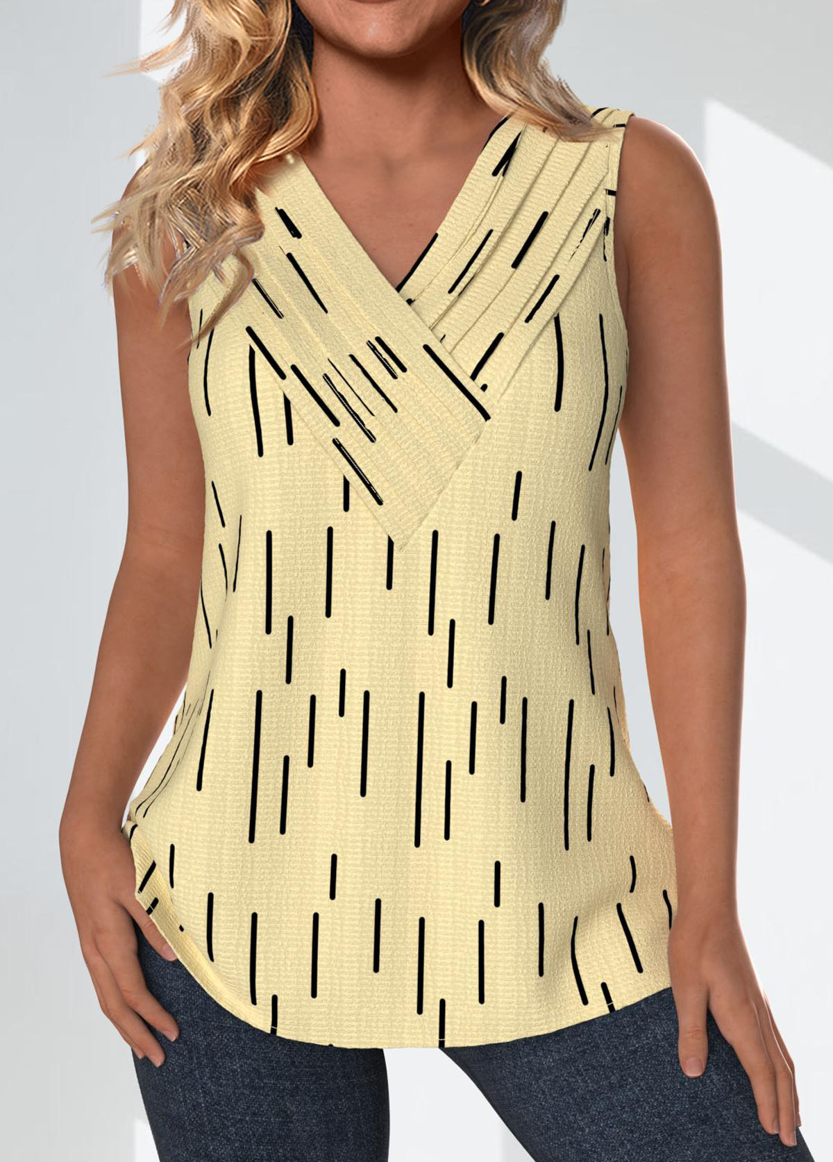 Modlily Light Yellow Surplice Geometric Print Sleeveless Tank Top - M
