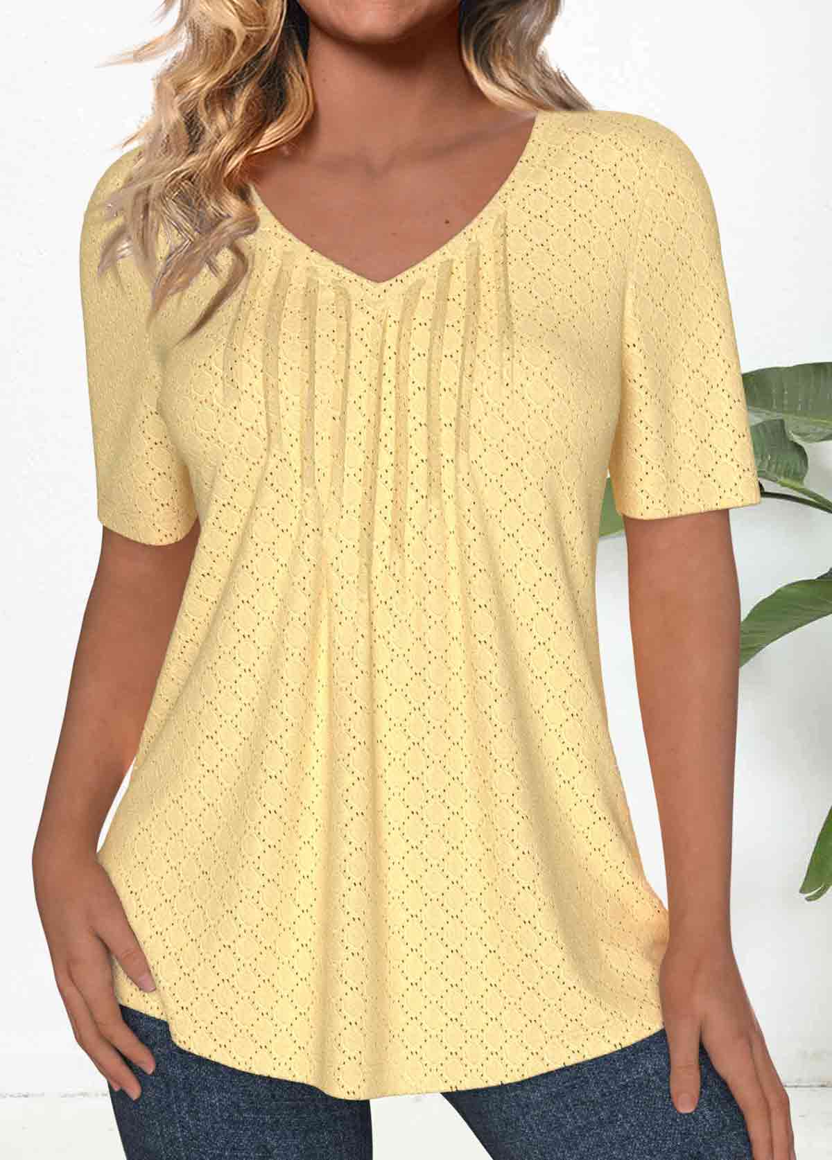 Modlily Light Yellow Textured Fabric Short Sleeve T Shirt - S