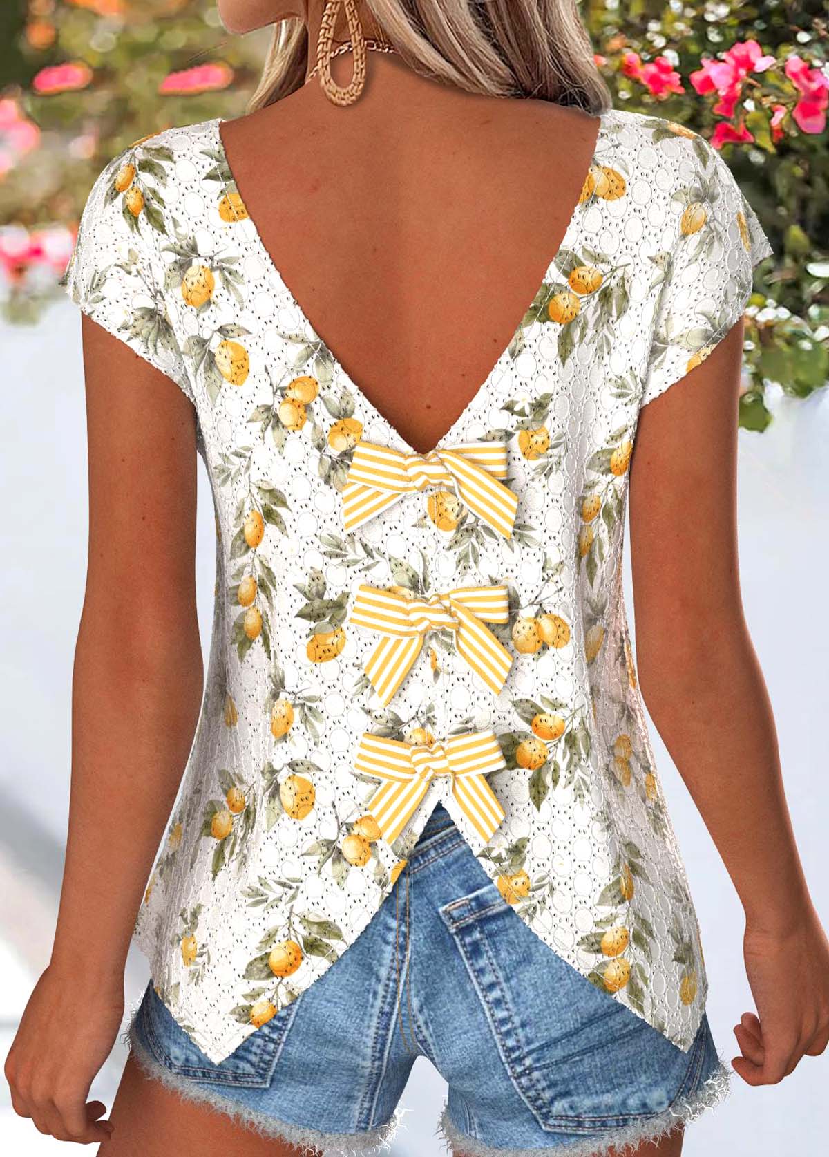 Modlily Light Yellow Tummy Coverage Plants Print T Shirt - S