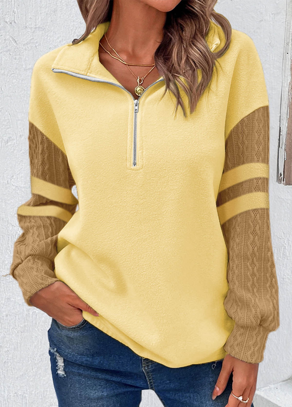 Modlily Light Yellow Zipper Long Sleeve Sweatshirt - XL