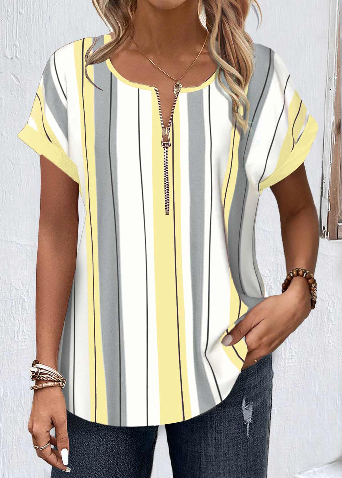 Modlily Light Yellow Zipper Striped Short Sleeve Round Neck Blouse - M