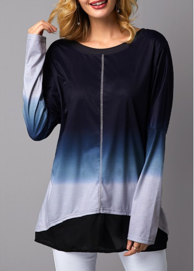 Modlily Long Sleeve Asymmetric Hem Round Neck T Shirt - M