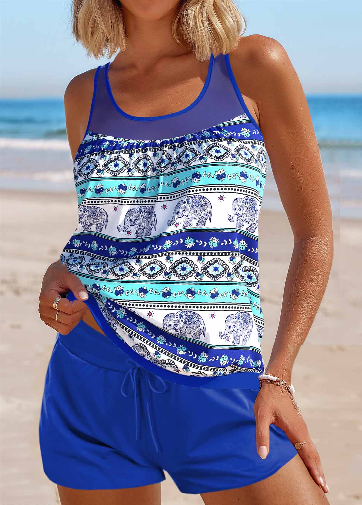 Modlily Mesh Tribal Print Purplish Blue Tankini Set - S