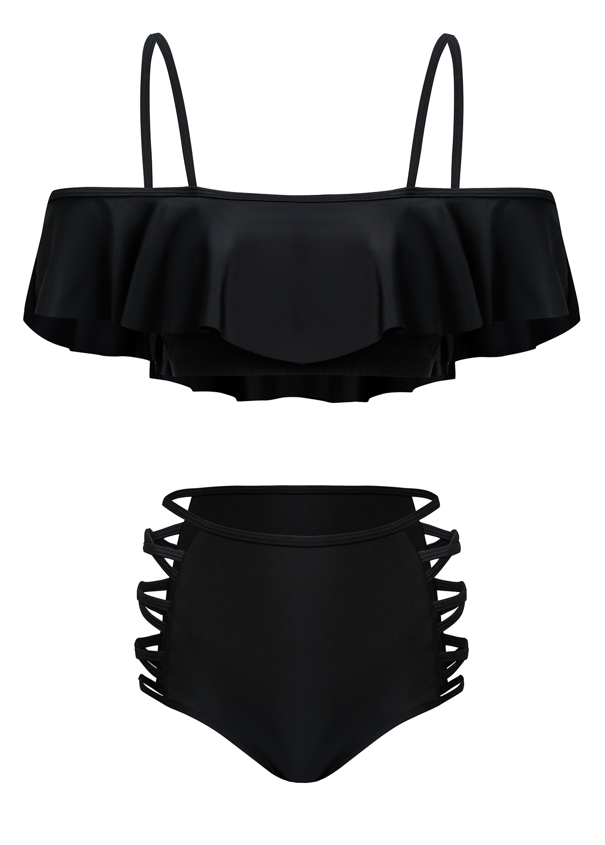 Modlily Mid Waist Black Flounce Lace Up Bikini Set - XL