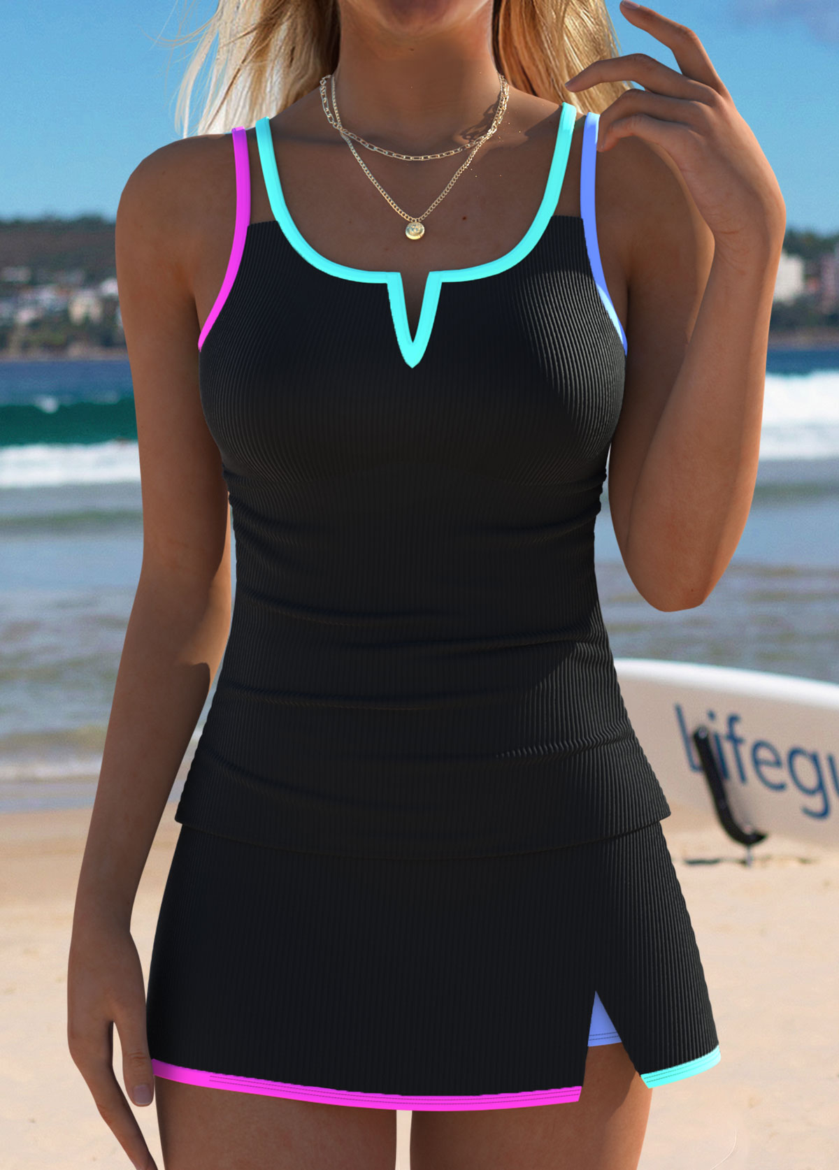 Modlily Mid Waisted Contrast Piping Black Tankini Set - S