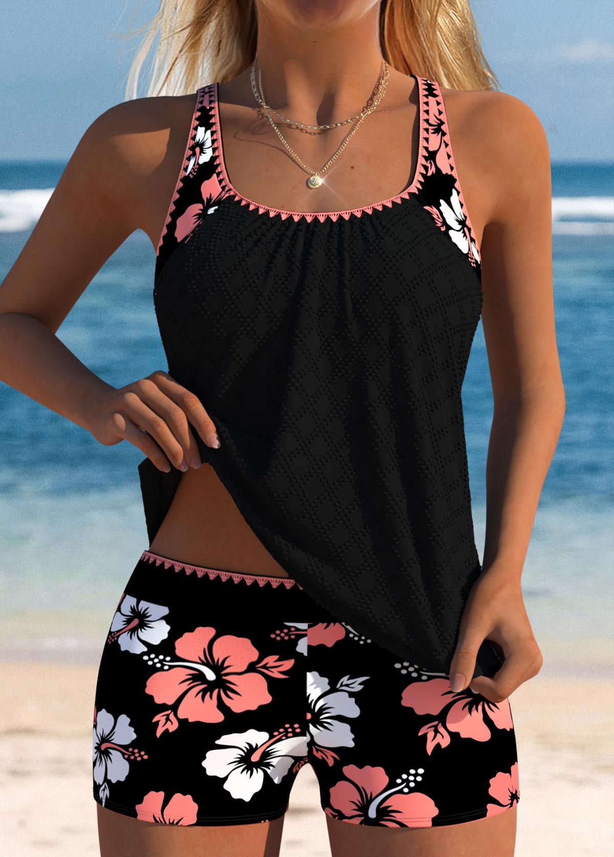 Modlily Mid Waisted Floral Print Coral Black Tankini Set - S
