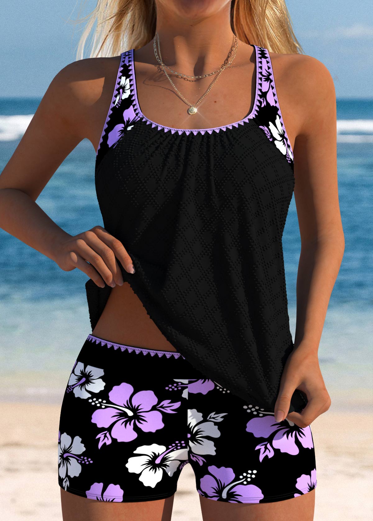 Modlily Mid Waisted Floral Print Light Purple Tankini Set - M