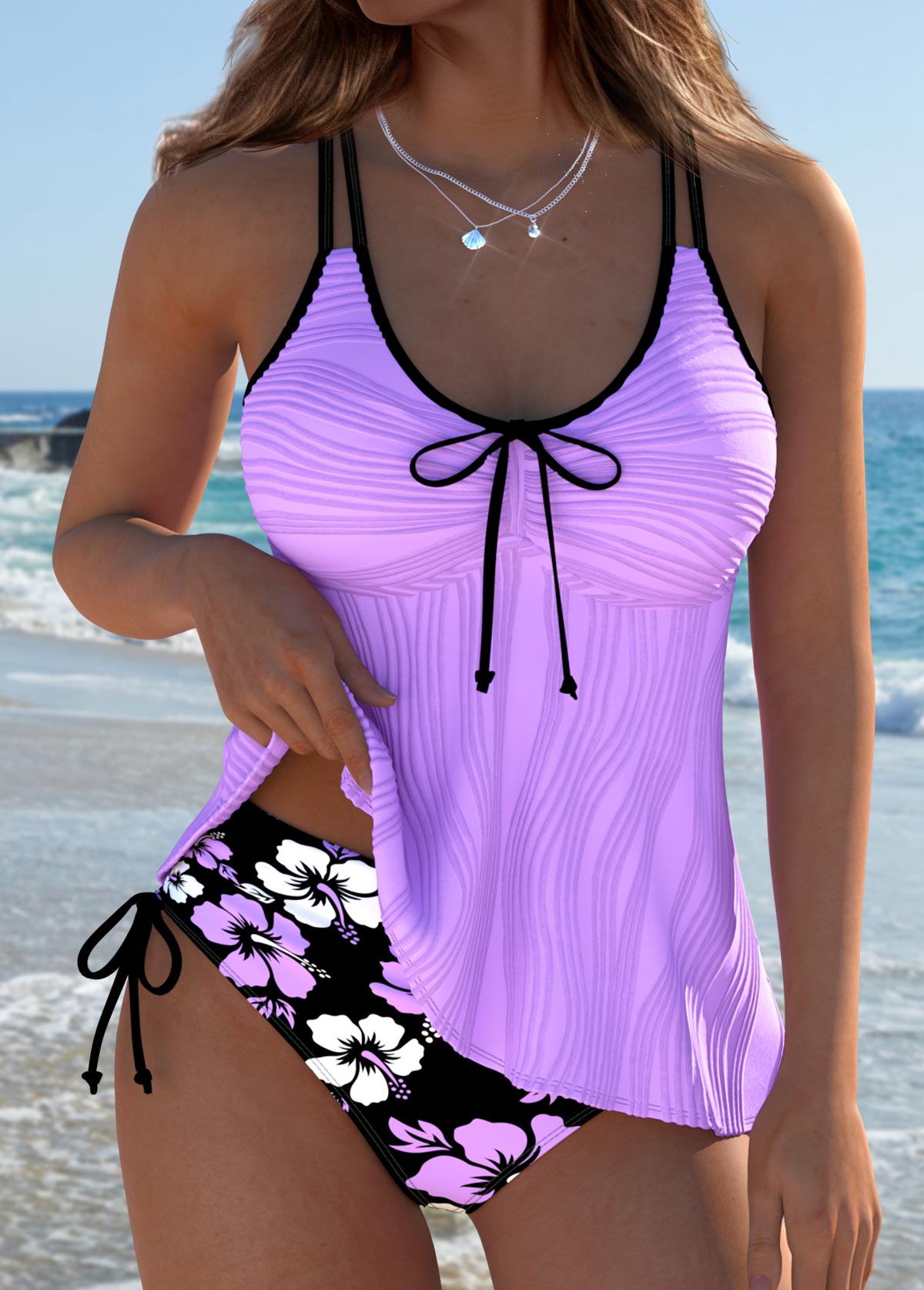 Modlily Mid Waisted Floral Print Purple Tankini Set - S