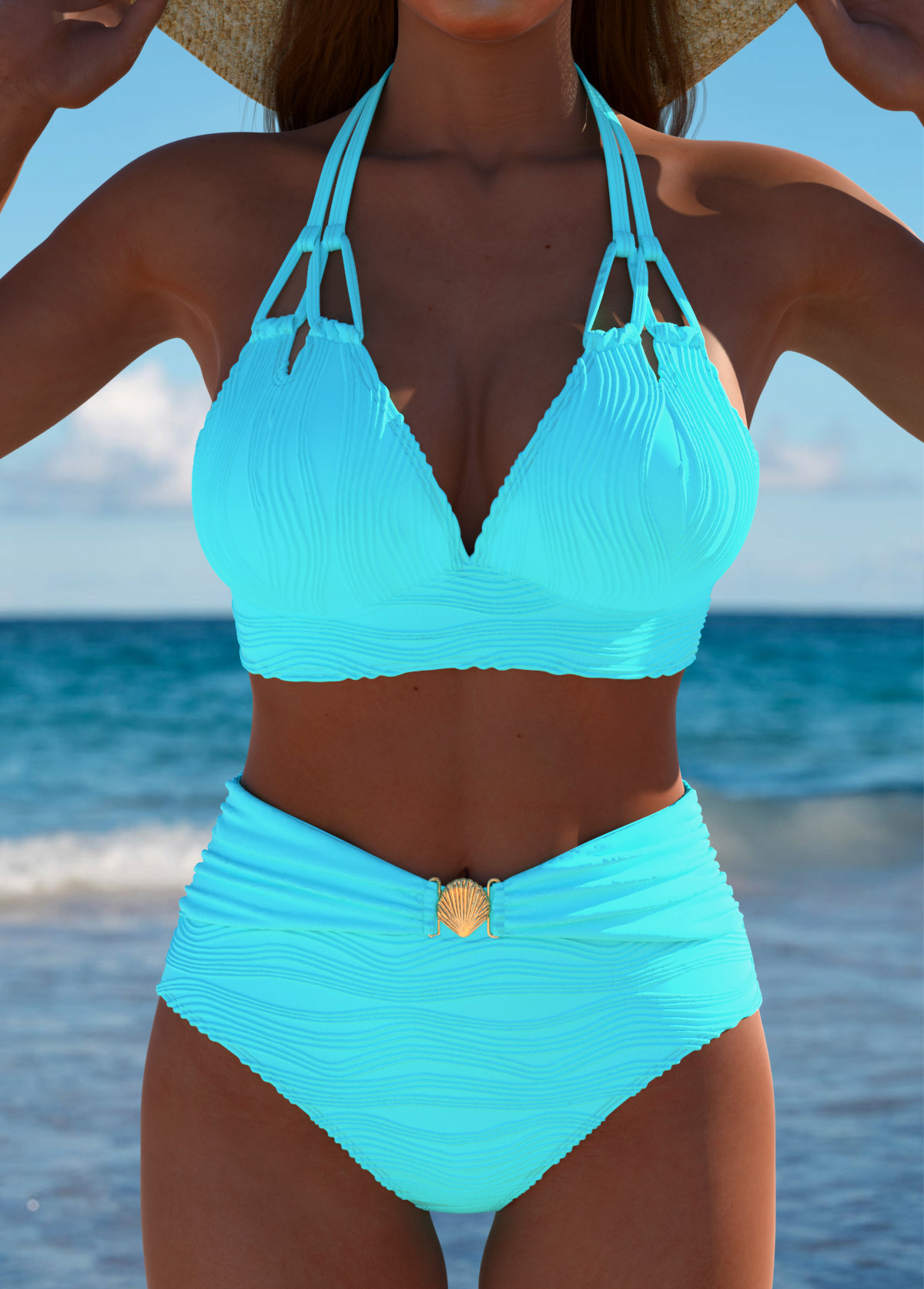 Modlily Mid Waisted Patchwork Cyan Bikini Set - XS