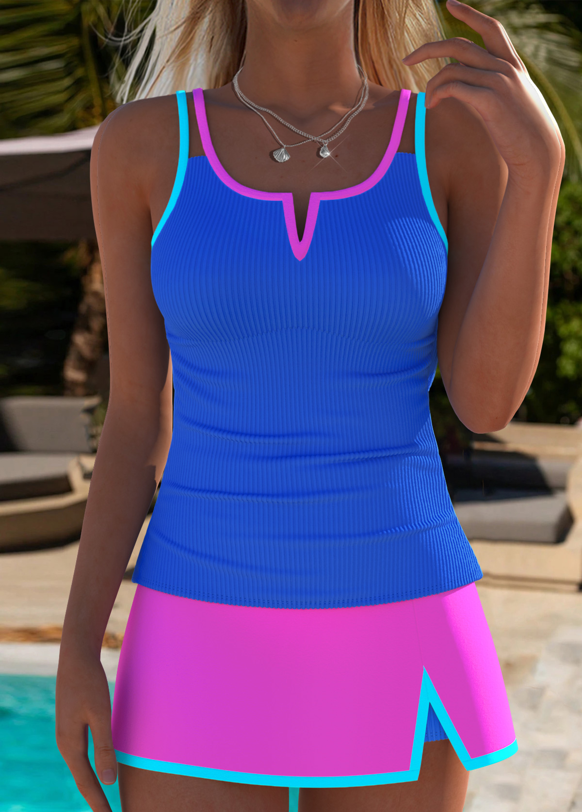 Modlily Mid Waisted Purplish Blue Tankini Set - S