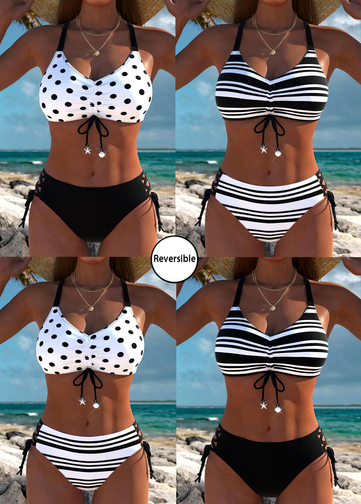 Modlily Mid Waisted Reversible Striped Black Bikini Set - S