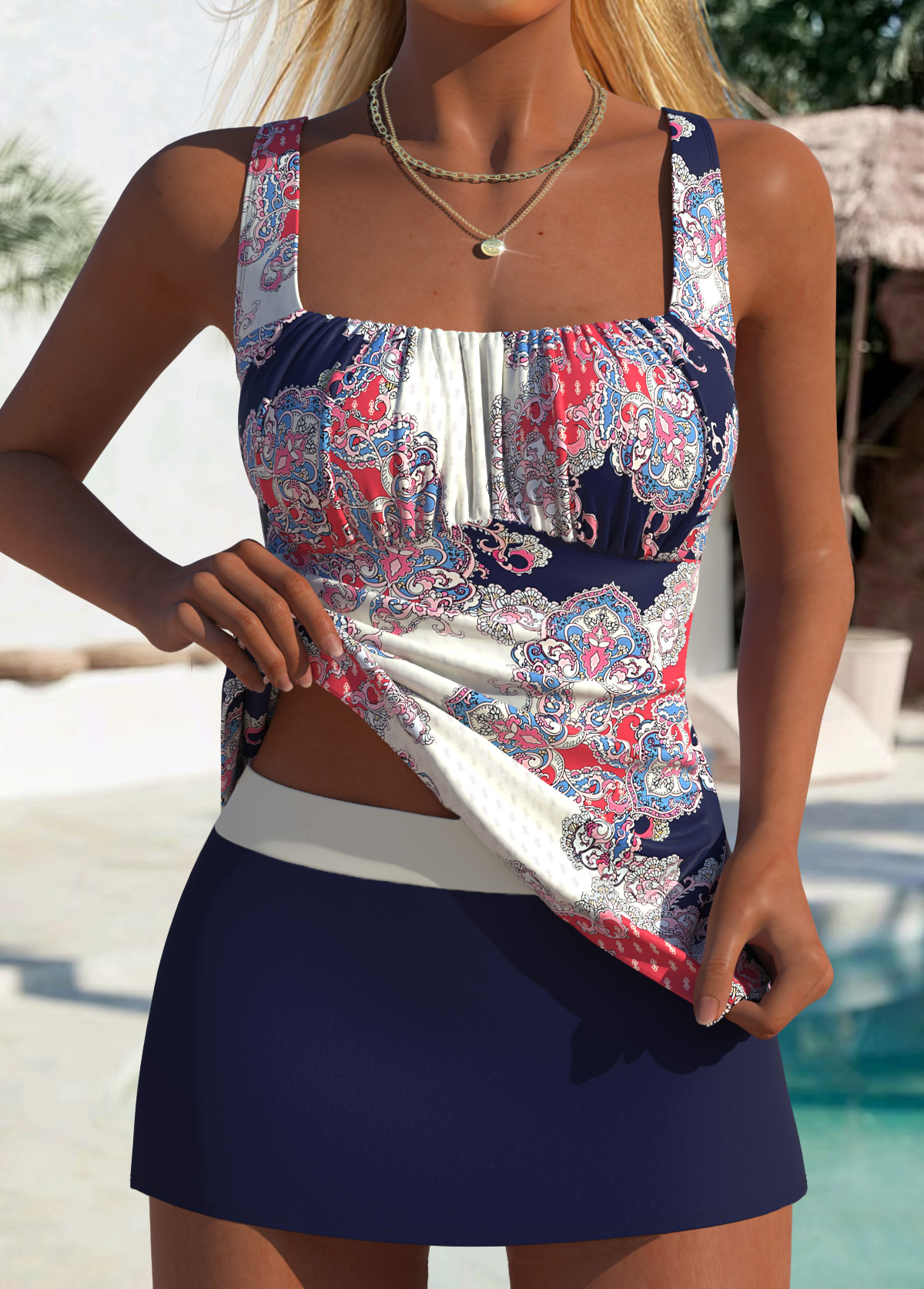 Modlily Mid Waisted Tribal Print Navy Tankini Set - S