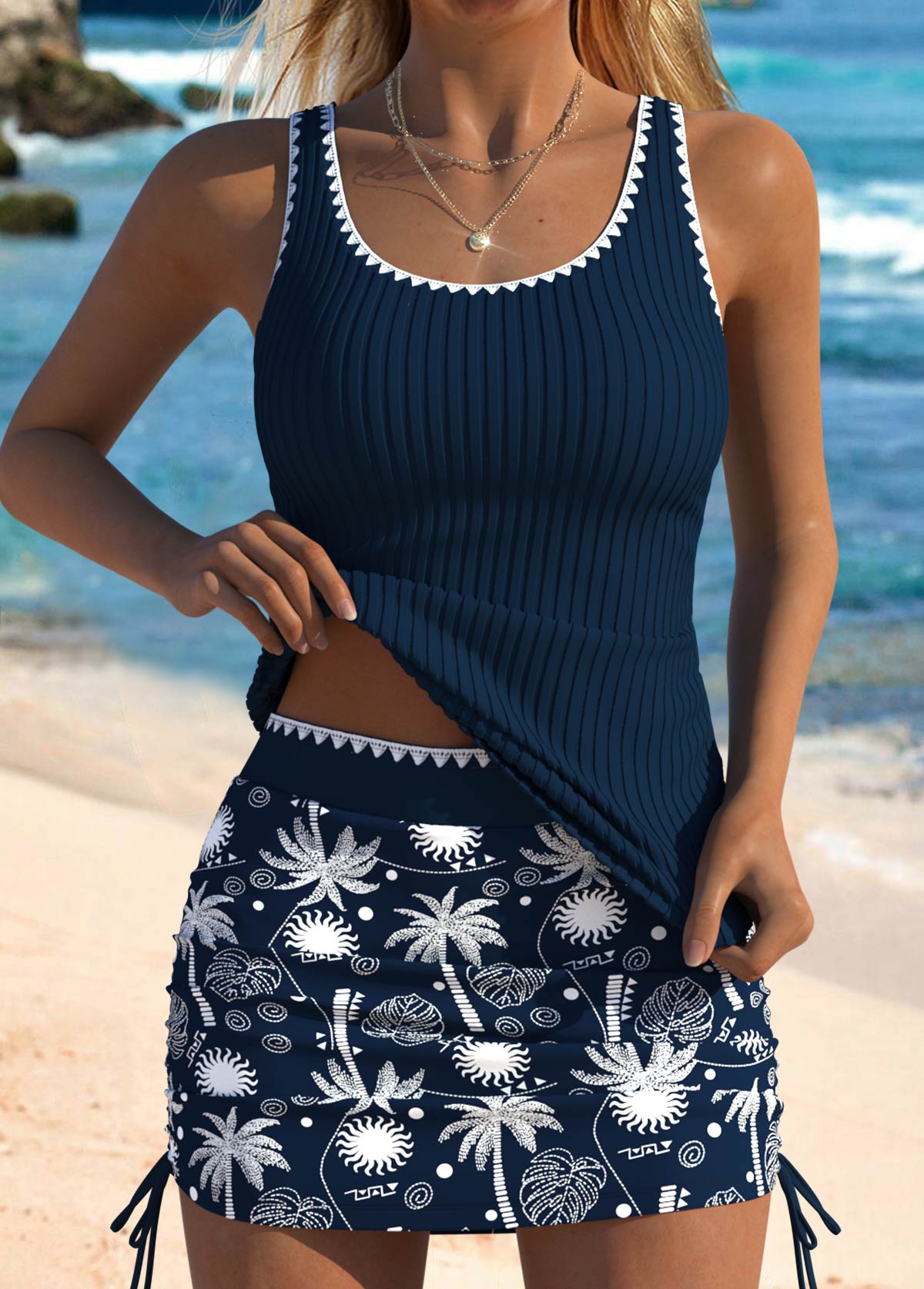 Modlily Mid Waisted Tropical Plants Print Navy Scoop Tankini Set - M