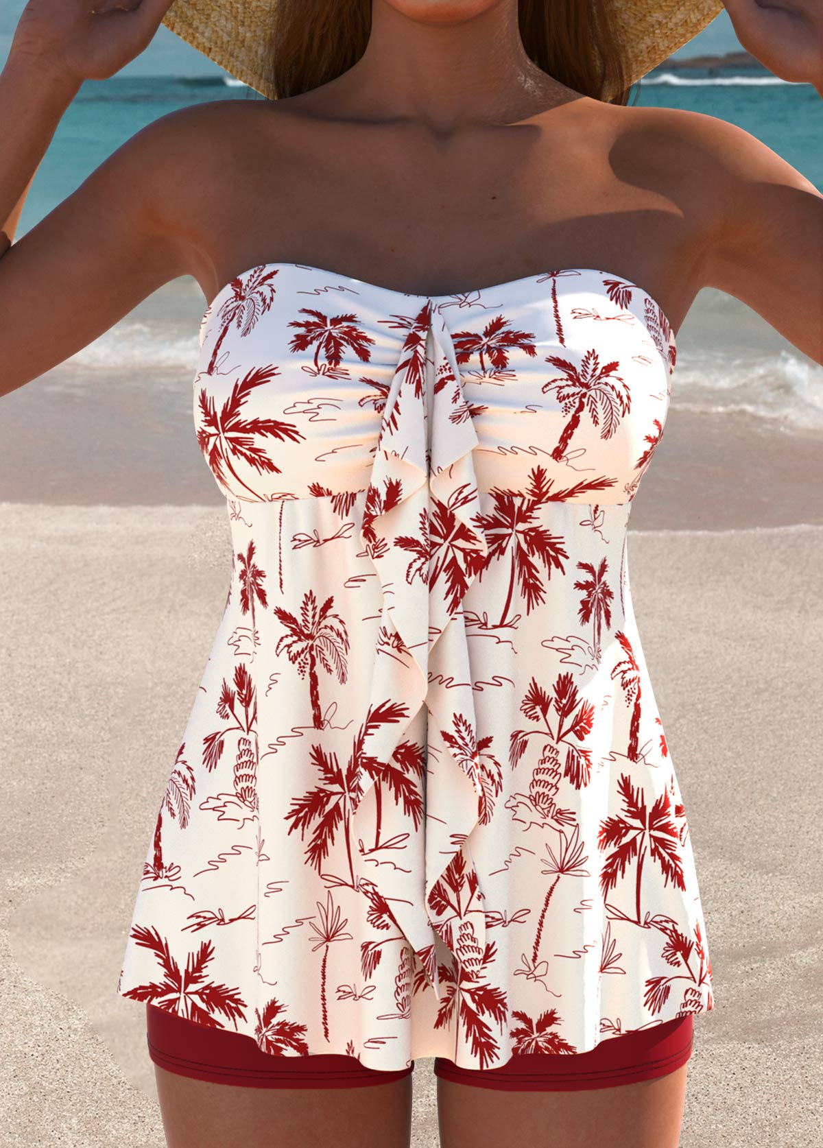 Modlily Mid Waisted Tropical Plants Print Wine Red Tankini Set - S