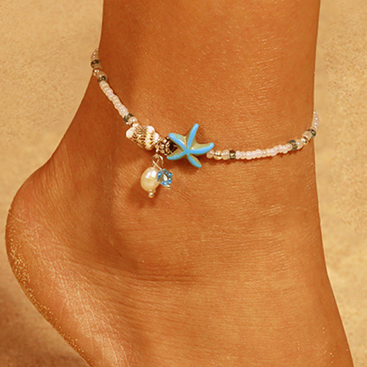 Modlily Mint Green Beaded Starfish Alloy Anklet - One Size