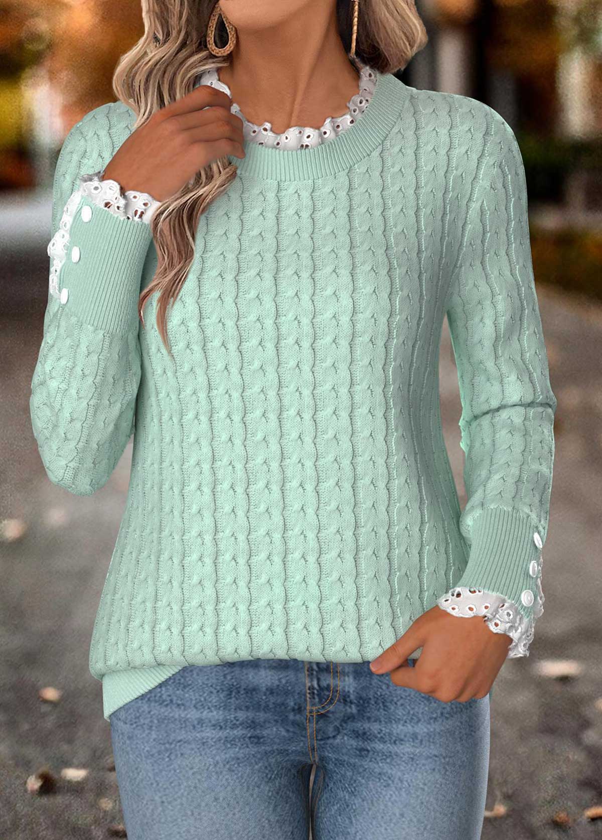 Modlily Mint Green Curved Hem Long Sleeve Round Neck Sweatshirt - L
