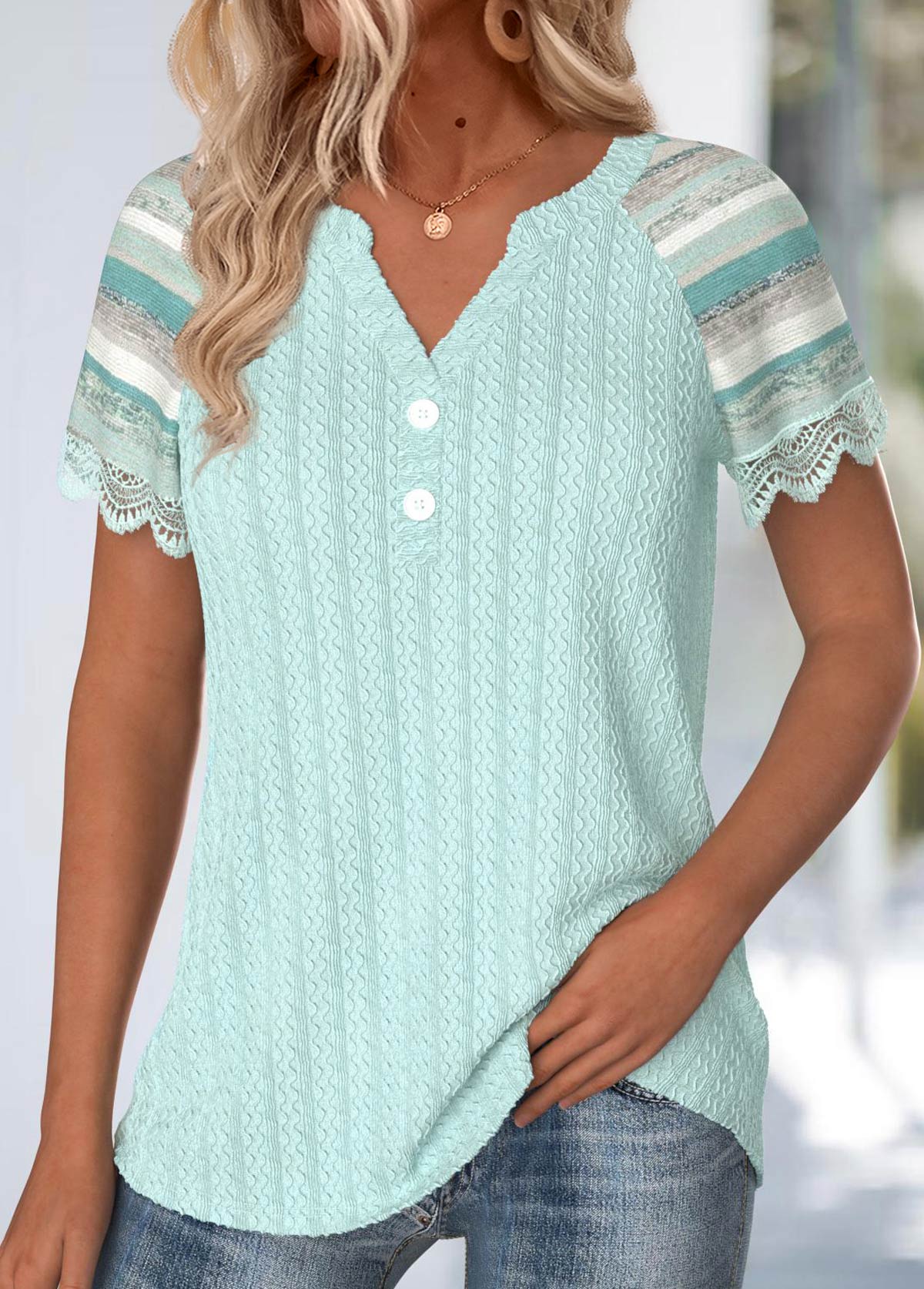 Modlily Mint Green Embroidery Multi Stripe Print T Shirt - M