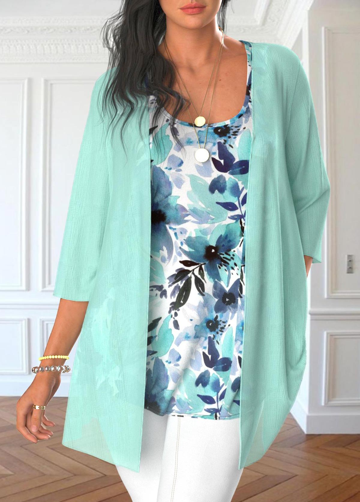 Modlily Mint Green Floral Print Cardigan and Tank Top - S
