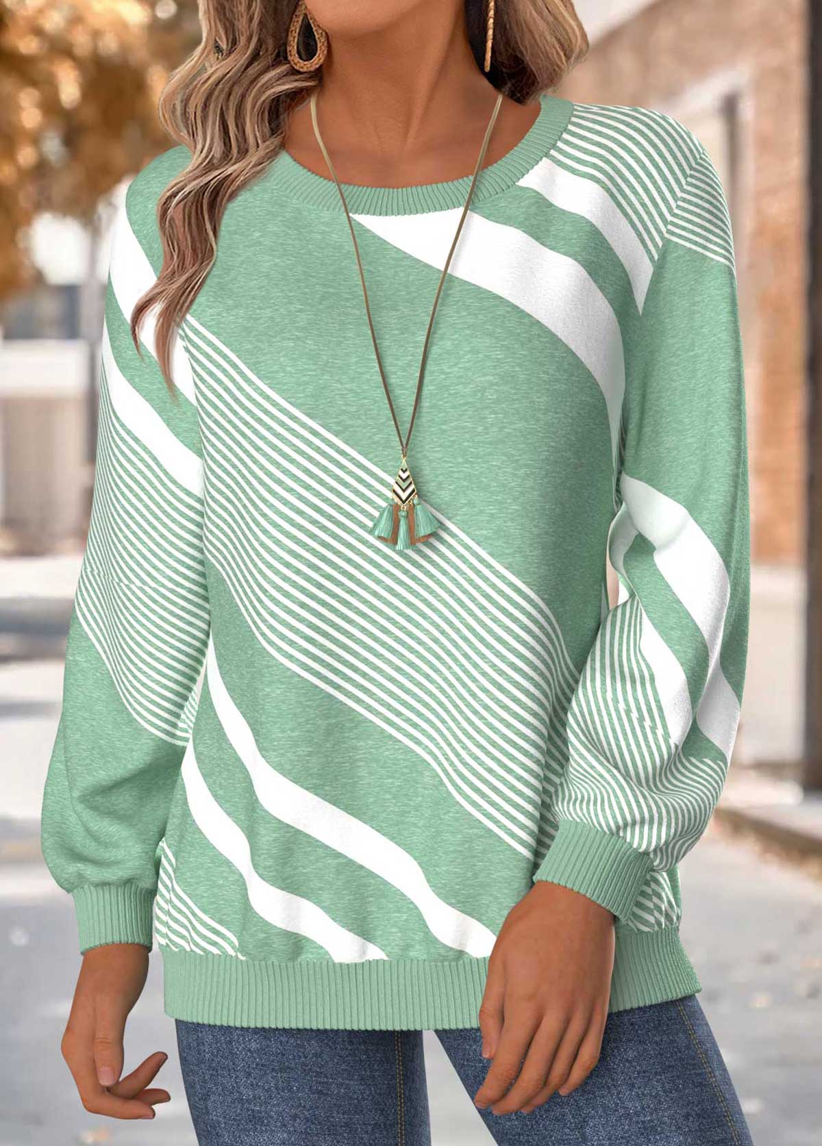 Modlily Mint Green Geometric Print Long Sleeve Round Neck Sweatshirt - S