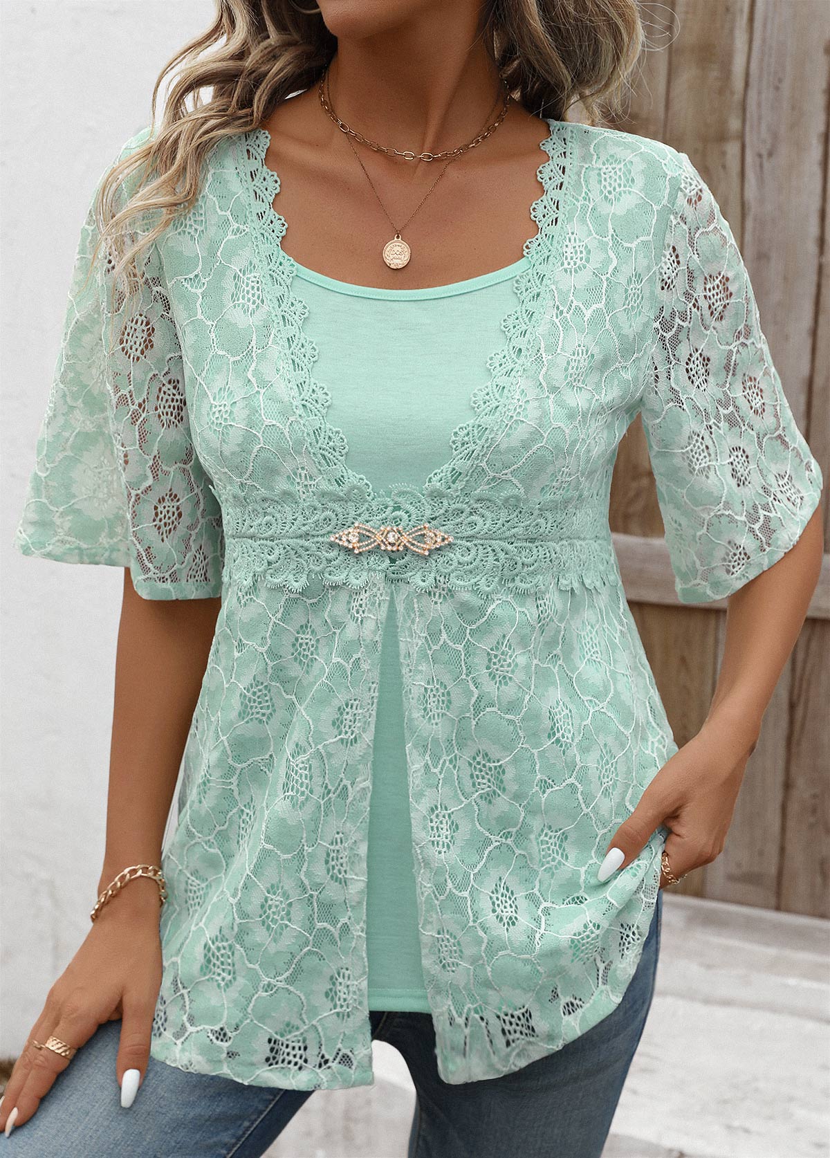 Modlily Mint Green Lace Half Sleeve Fake Two Piece Twinset - M