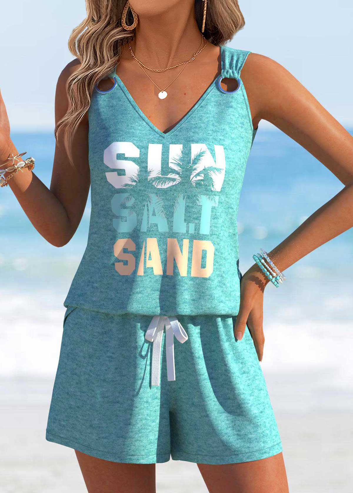 Modlily Mint Green Letter Print Sleeveless Tank Top and Shorts - S