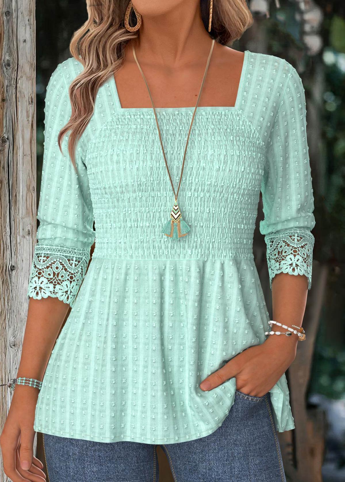 Modlily Mint Green Long Sleeve Square Neck Blouse - XL