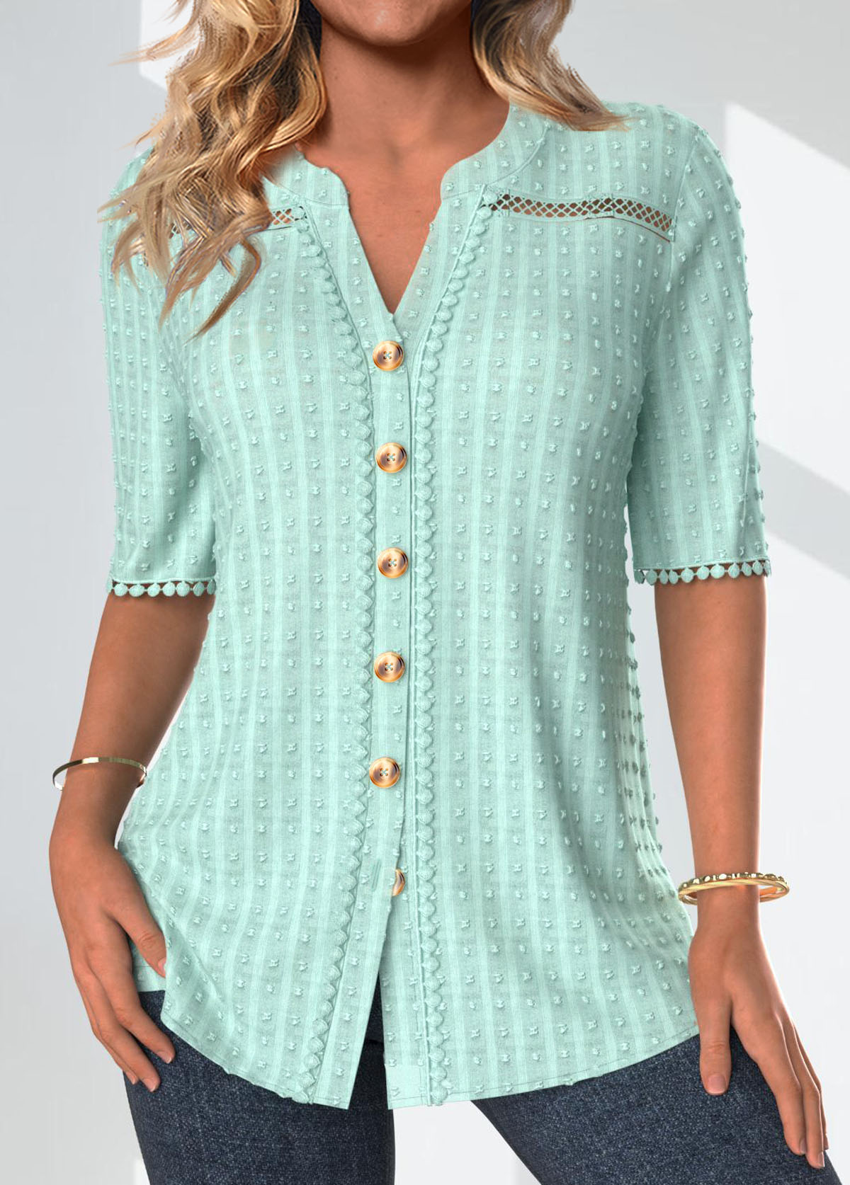 Modlily Mint Green Patchwork Half Sleeve Split Neck Blouse - L