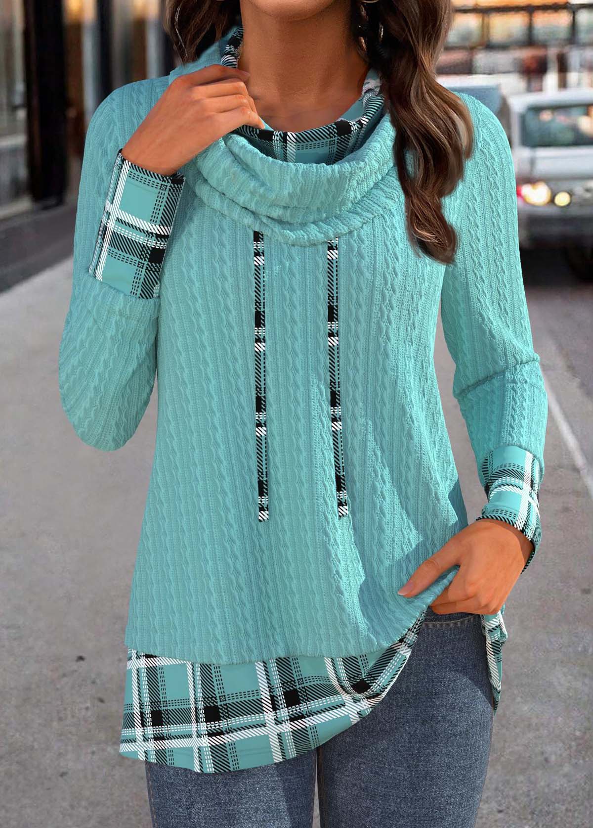 Modlily Mint Green Patchwork Plaid Long Sleeve Cowl Neck Sweatshirt - XL