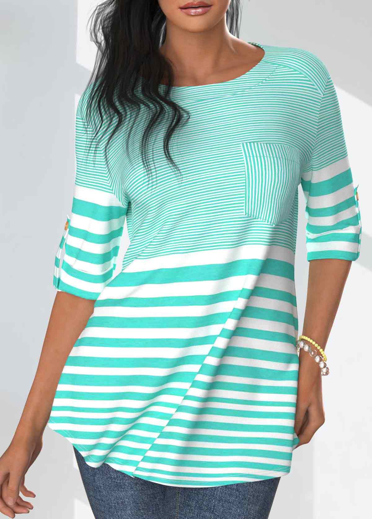 Modlily Mint Green Pocket Striped Half Sleeve T Shirt - M
