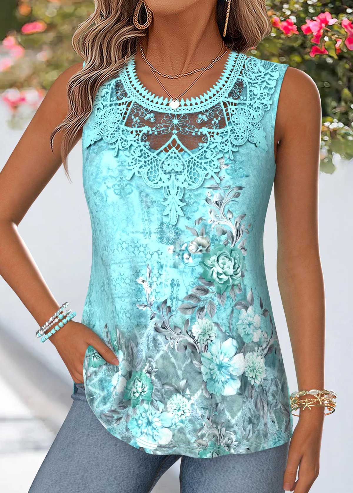 Modlily Mint Green Random Floral Print Patchwork Sleeveless Tank Top - S