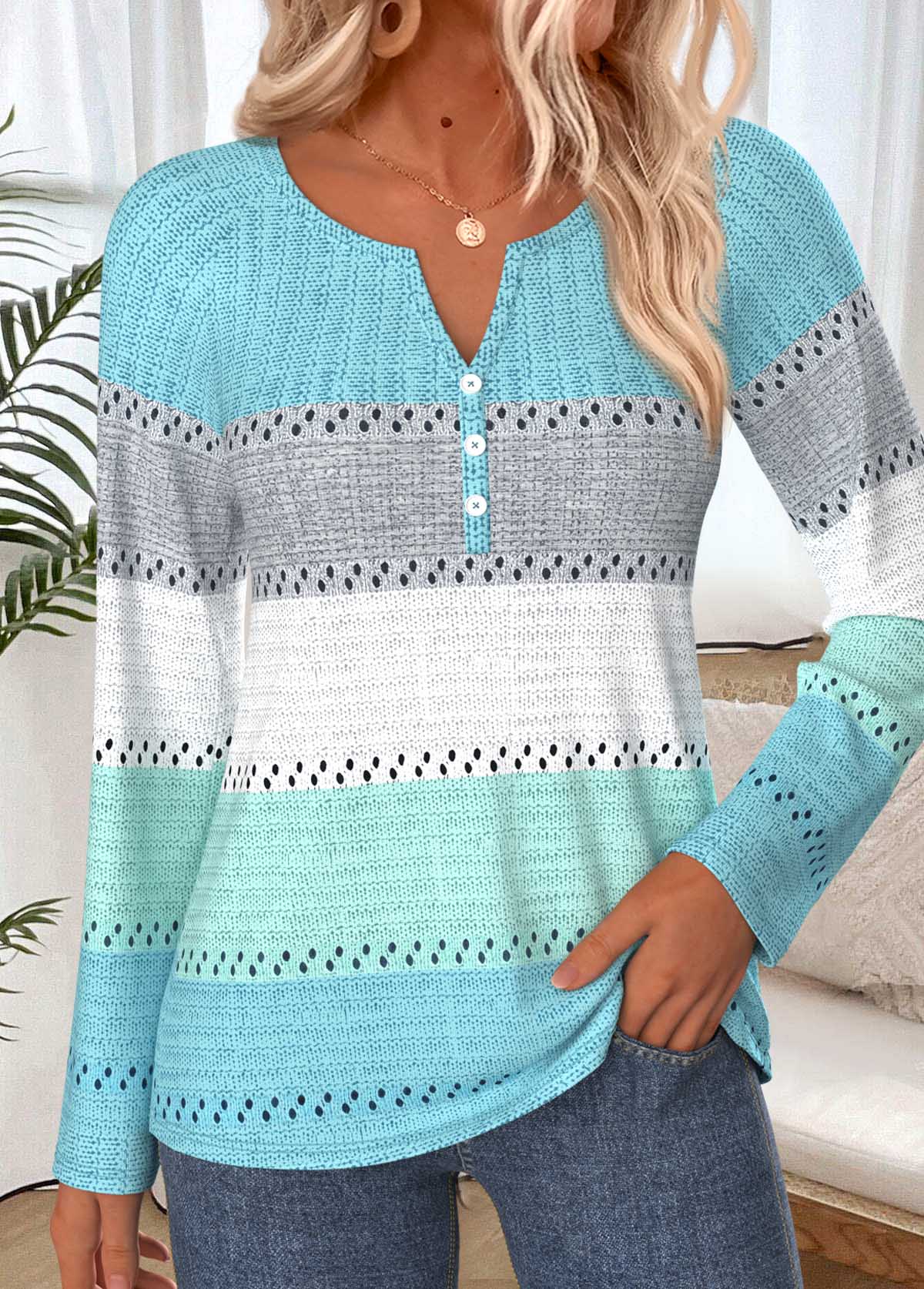 Modlily Mint Green Striped Button Long Sleeve T Shirt - M