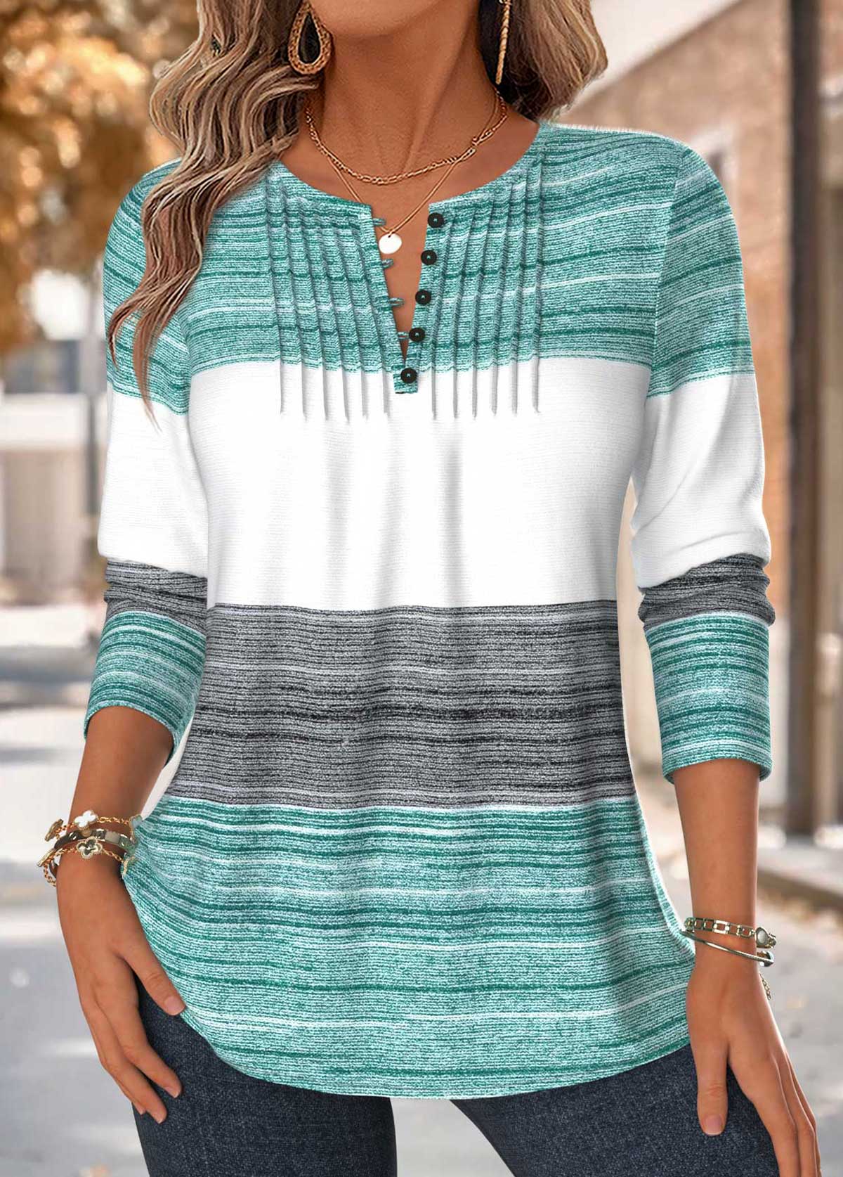 Modlily Mint Green Striped Tuck Stitch Long Sleeve T Shirt - S