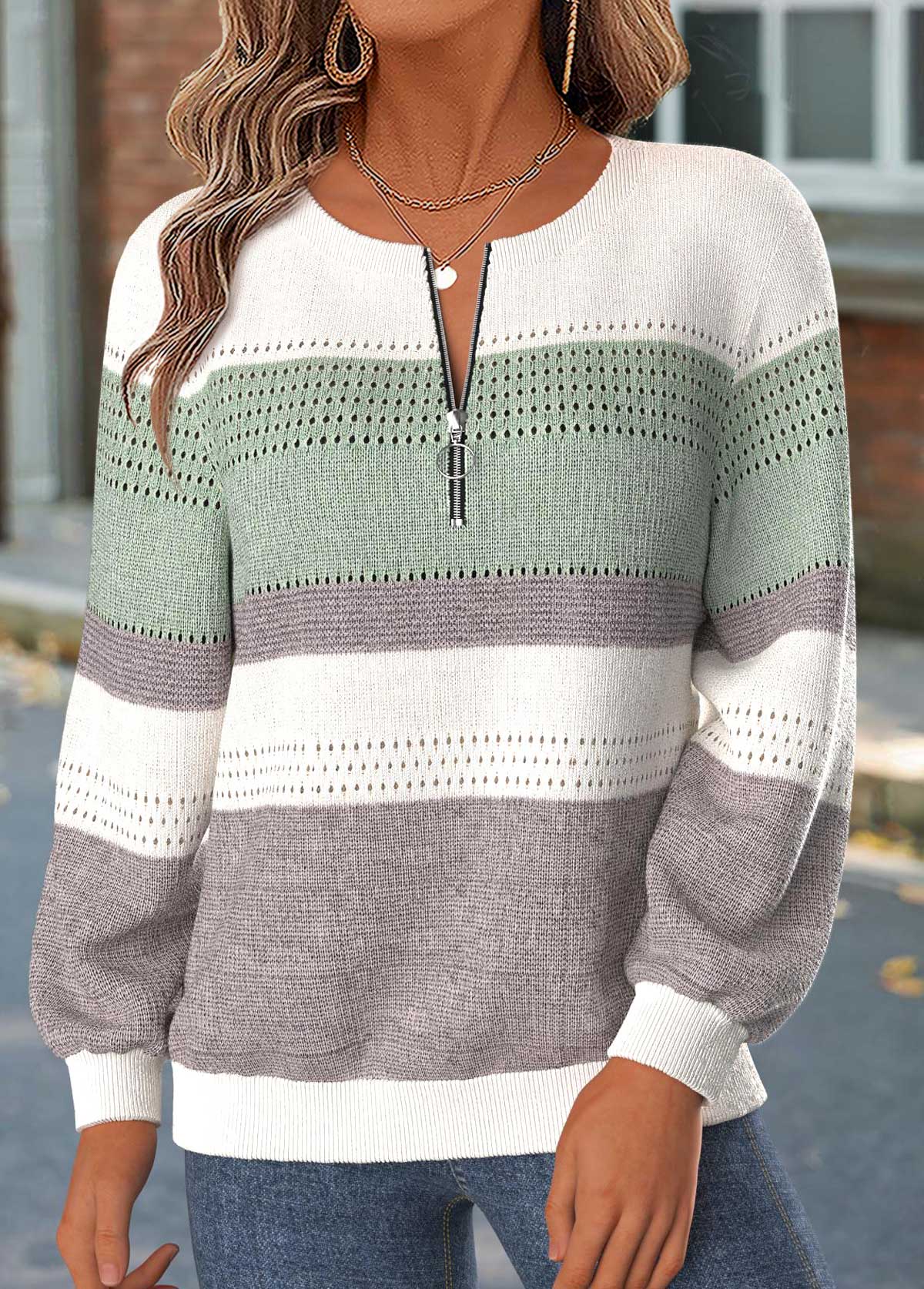 Modlily Mint Green Striped Tummy Coverage Long Sleeve Sweatshirt - M