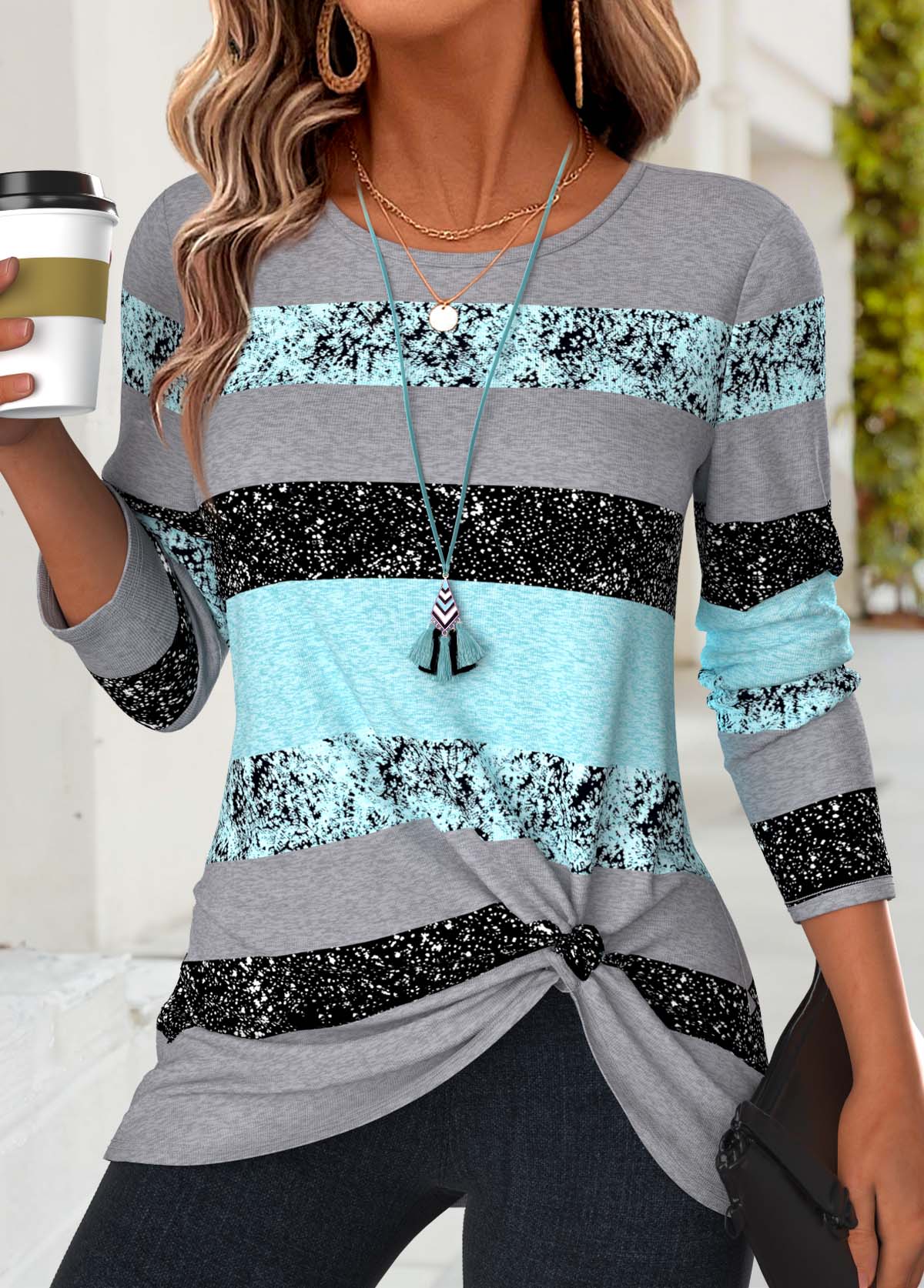 Modlily Mint Green Striped Twist Long Sleeve T Shirt - S