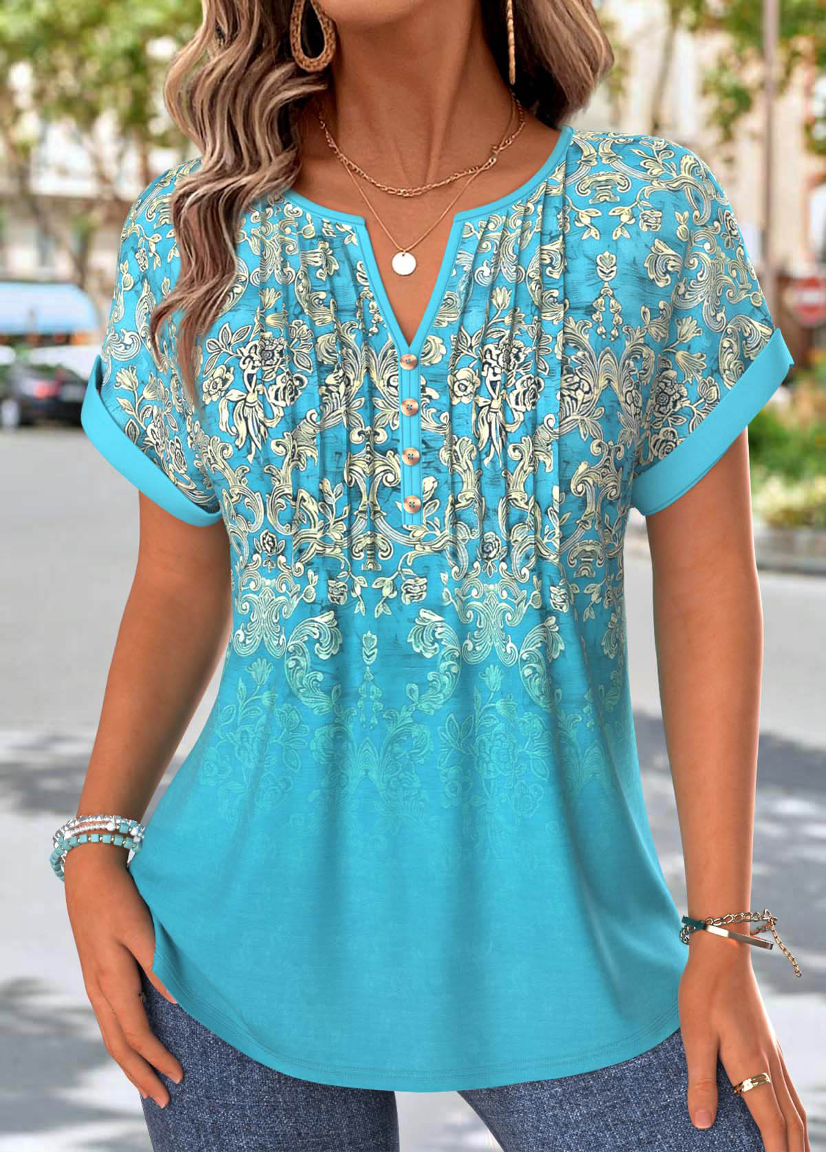 Modlily Mint Green Tribal Print Tuck Stitch T Shirt - M