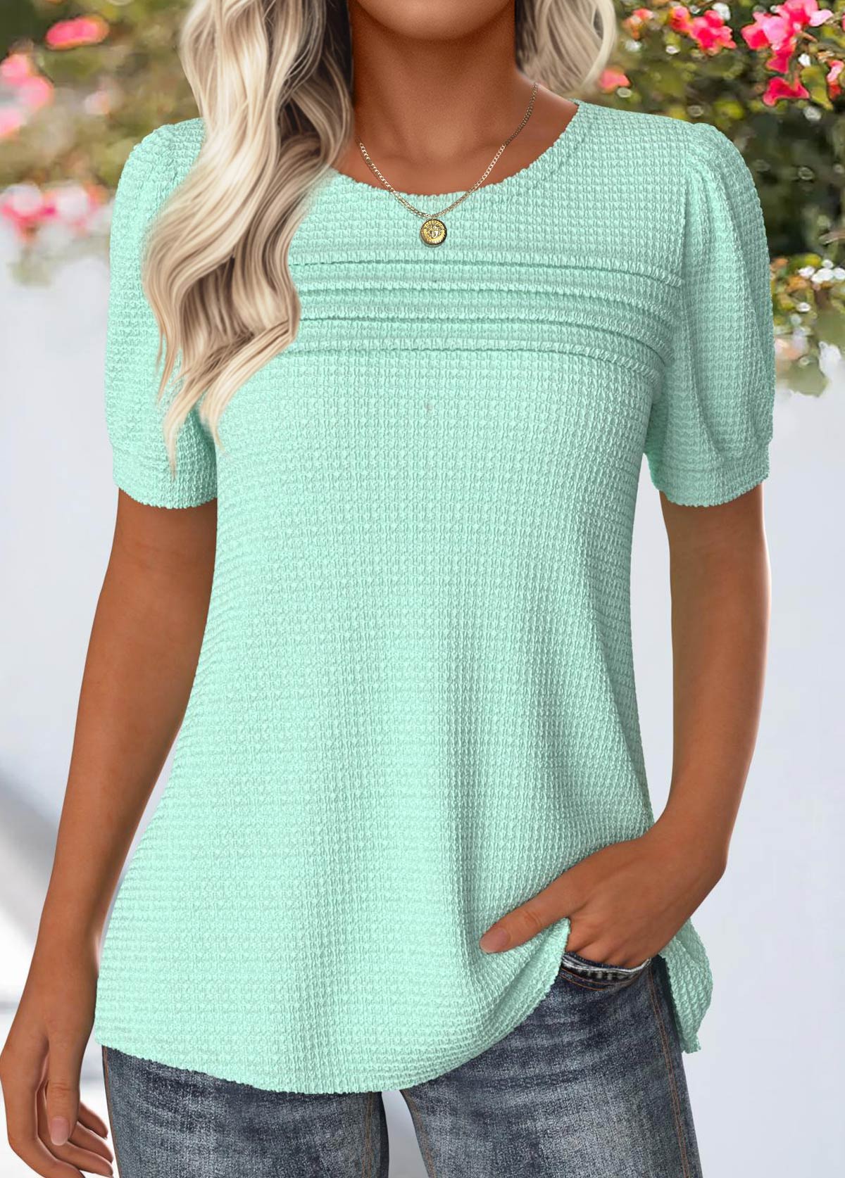 Modlily Mint Green Tuck Stitch Short Sleeve Button T Shirt - L