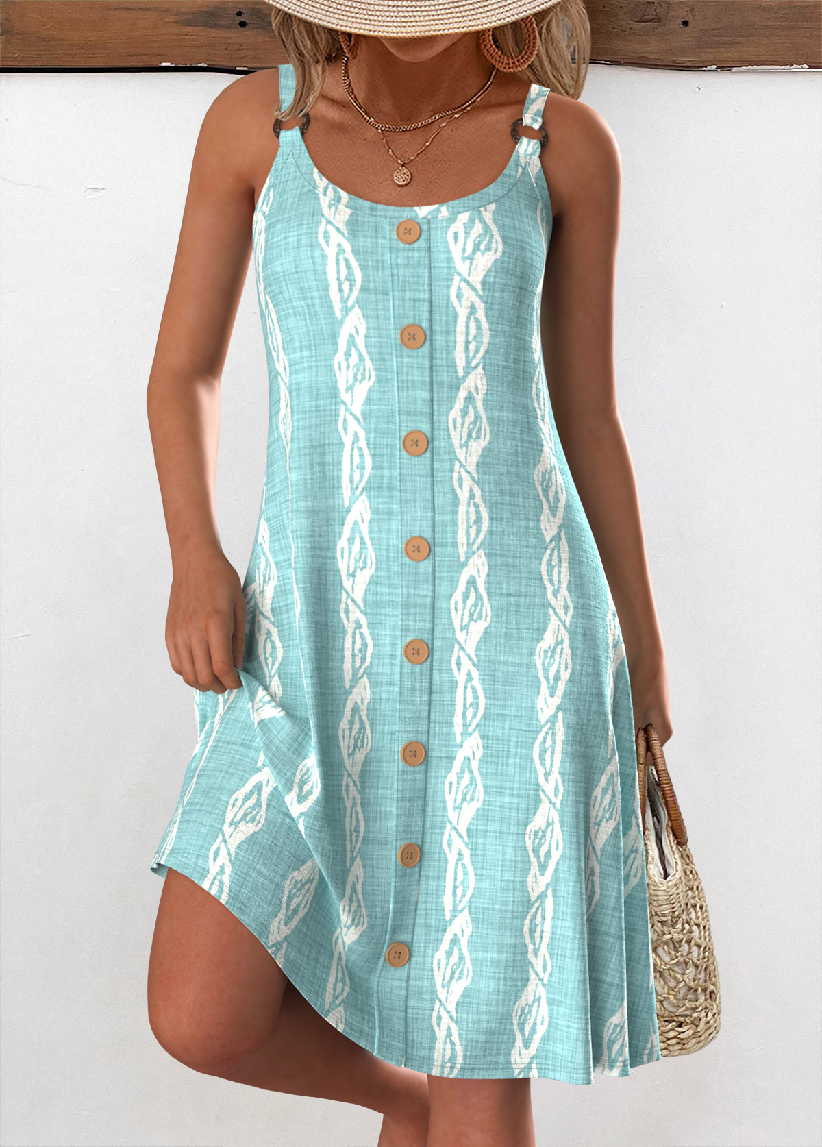 Modlily Mint Green Tummy Coverage Marine Life Print Strappy Dress - S