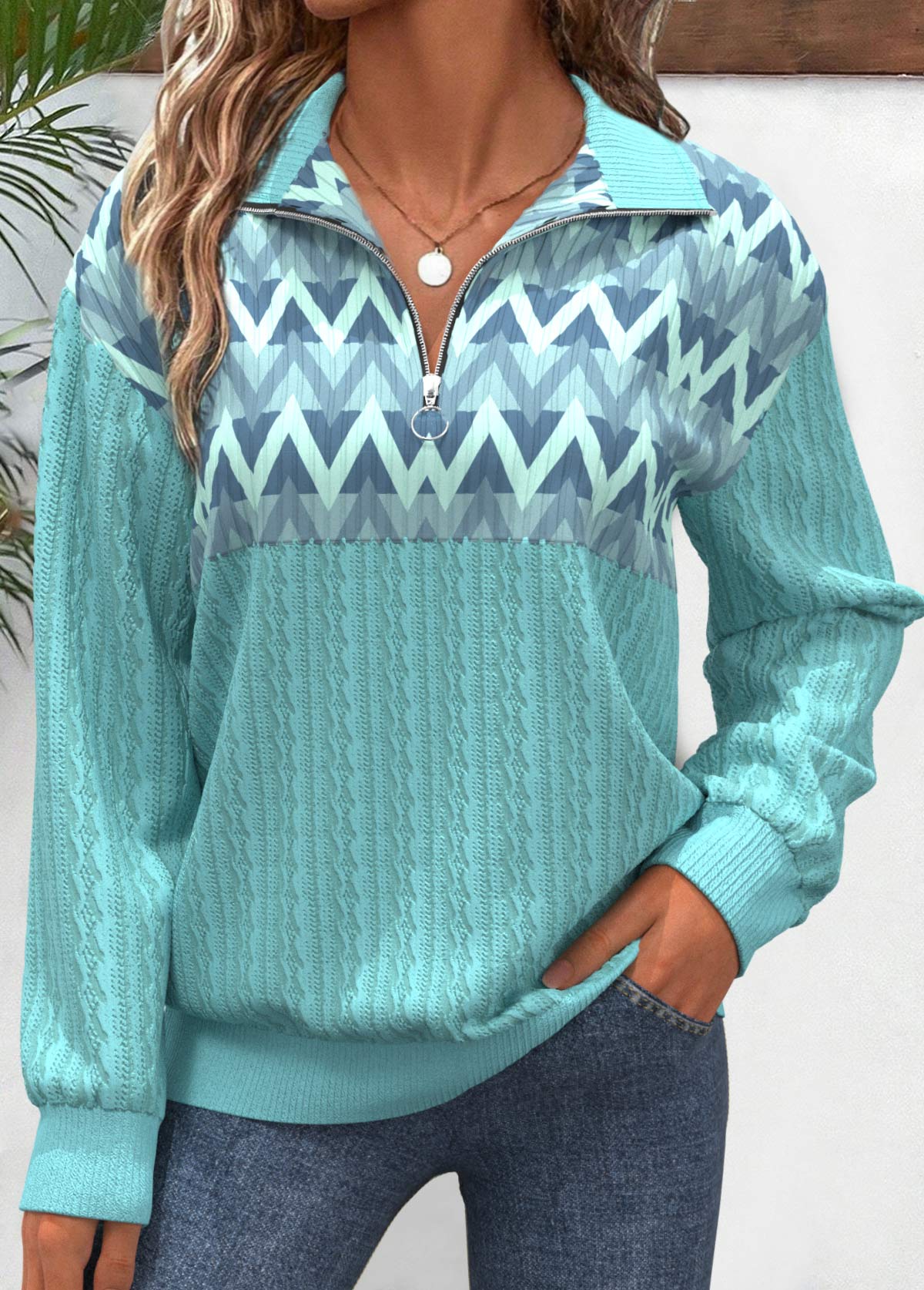 Modlily Mint Green Zipper Geometric Print Long Sleeve Sweatshirt - S