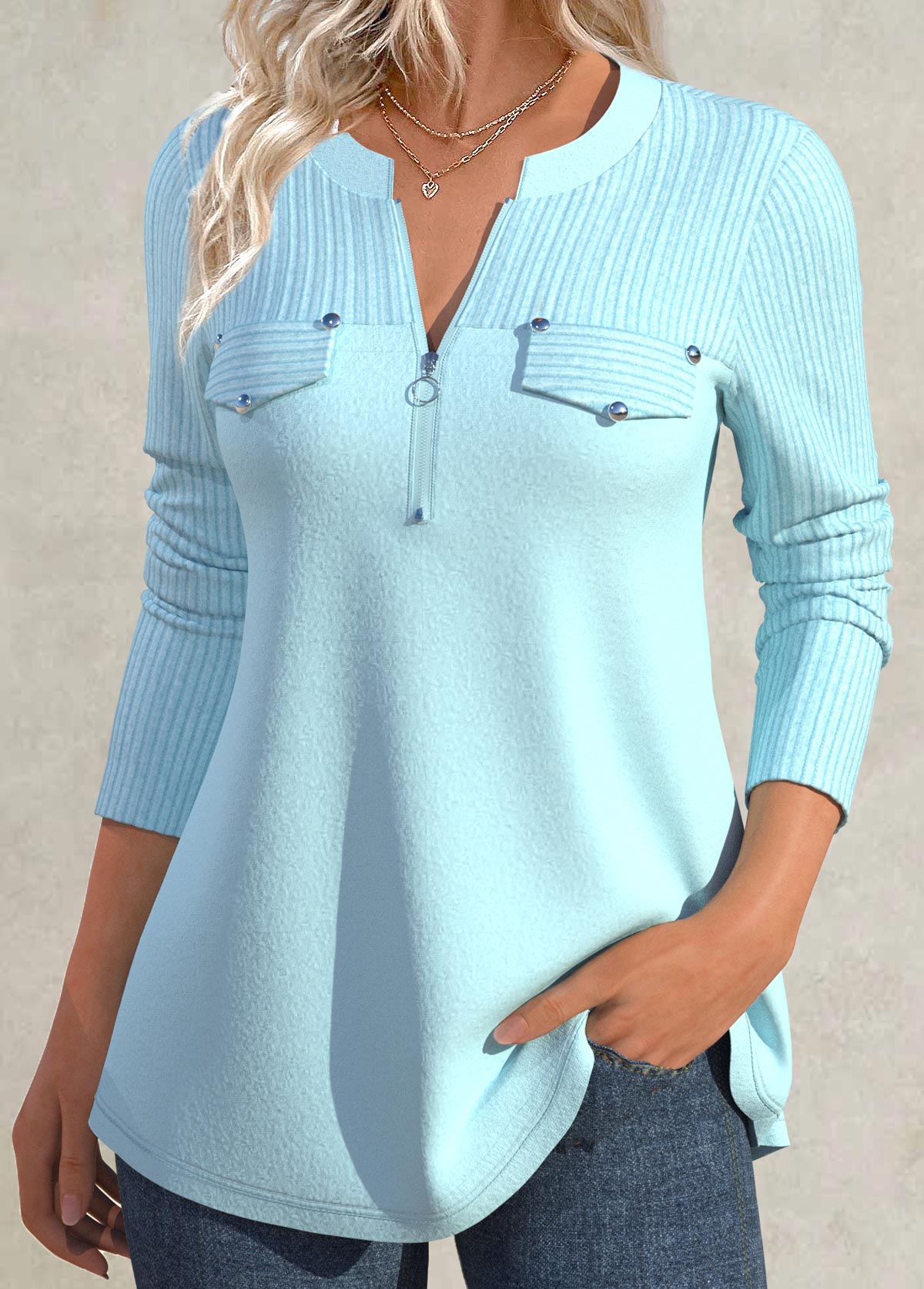 Modlily Mint Green Zipper Long Sleeve Split Neck Shirt - M