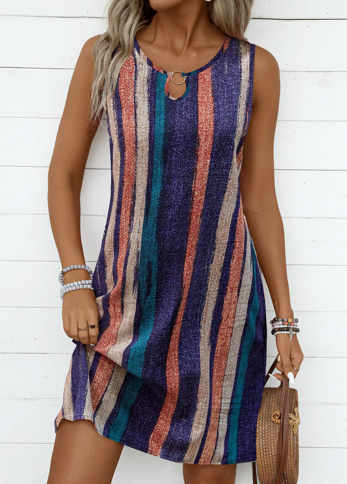Modlily Multi Color Breathable Striped A Line Sleeveless Dress - XXL