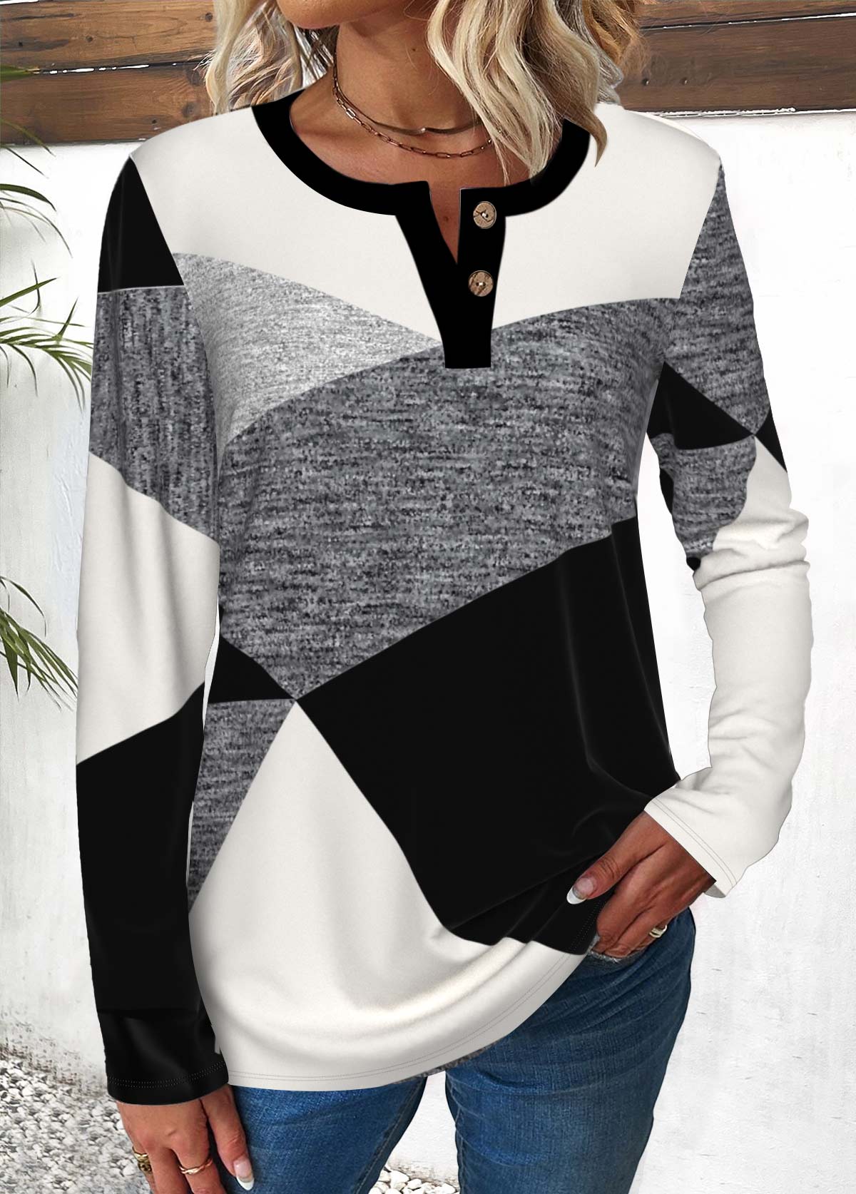Modlily Multi Color Button Geometric Print Long Sleeve T Shirt - M